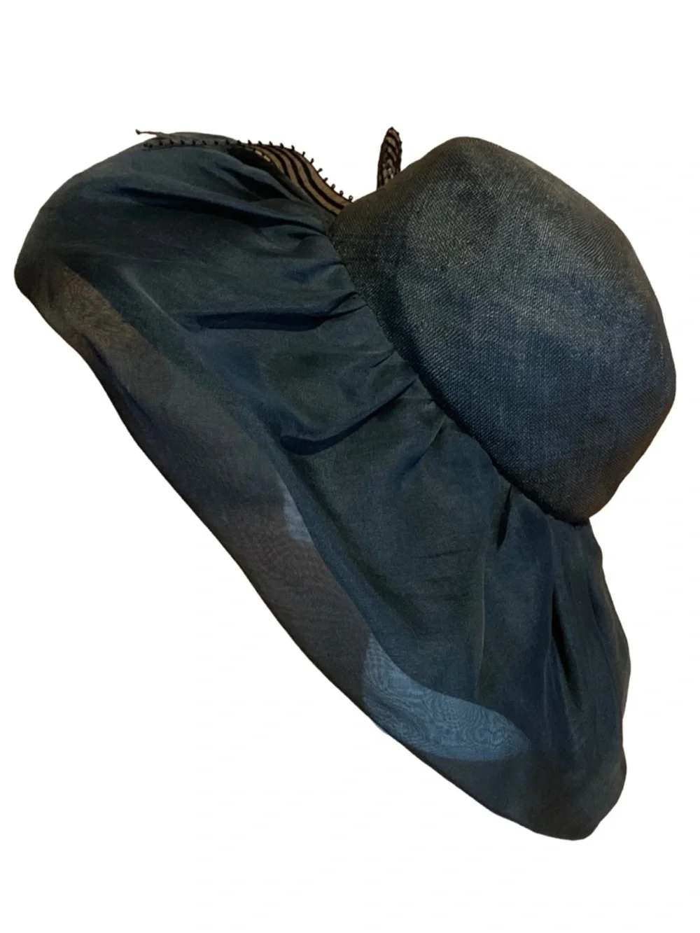 VINTAGE ADOLFO II BLACK WIDE BRIM LINEN HAT WITH STRIPED BOW - Picture 5 of 12